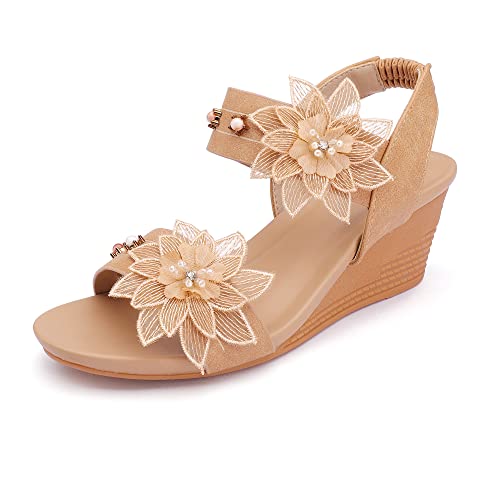 BGYJMTRCVHU Womens Wedge Sandals Elastic Ankle Straps Open Toe Elegant Thick Soles Comfortable Camel color Size 8