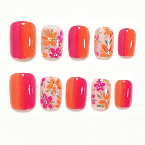 Image of Flower Press on Nails Orange Ombre Fake Nails Short Square Nails Press ons