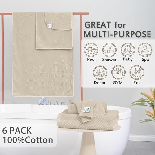 Tan Towels Bathroom Sets - 100% Cotton | Quick Dry | Light Weight | Thick | Soft, Towel Set of 6, 2 Large Bath Towels 30 x 56, 2 Hand Towels 18 x 28, 2 Washcloths 13 x 13, Towel Gift Set, Beige - 2