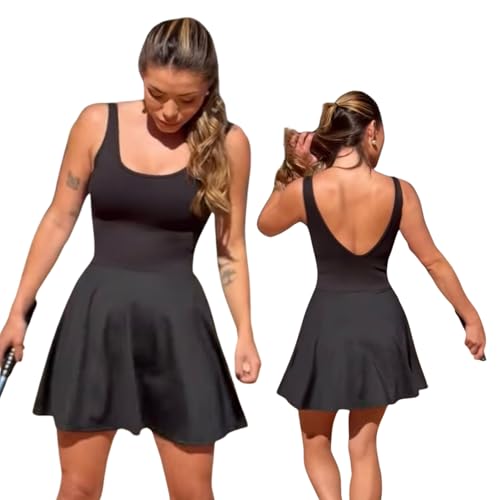 Vestido Esportivo Com Short Interno Decote V nas Costas Elegante Para Beach Tennis Academia Yoga PREMIUM, Felix Magazine (BR, Alfa, G, Regular, Regular, Preto)