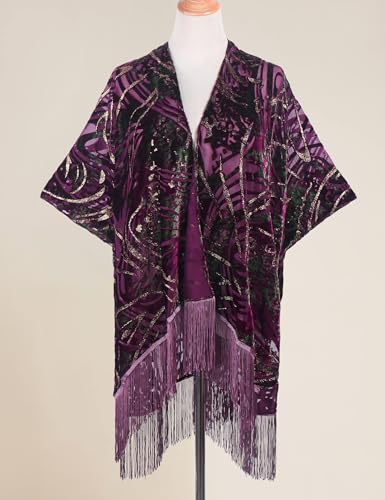 Image of MJ SERECA Women's Burnout Velvet Kimono Cardigan Cover Up with Tassel