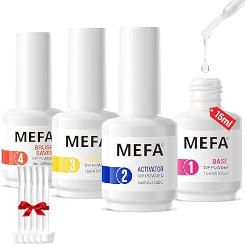 MEFA Dip Powder Liquid Set Base, Top Coat, Activator, Brush Saver 15 ml 0.5 Oz 4 Pcs with 5 Replacement Liquid Brushes for Dipping Powder Nail Kit No Nail Lamp Needed Cover