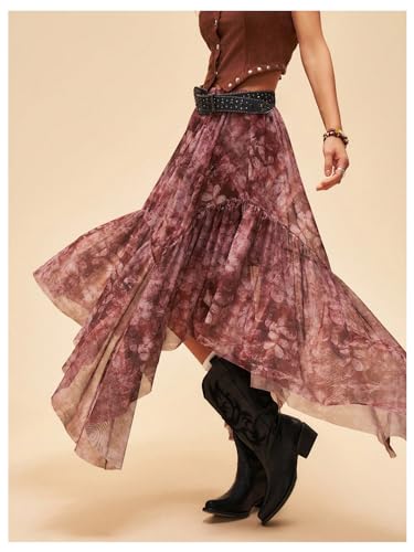 Women's Floral Asymmetrical Midi Skirt Boho Ruffle Mesh Elastic High Waist A Line Flowy Skirt Vintage Pirate Skirt3