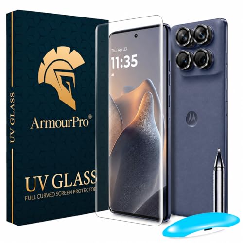 Image of ArmourPro UV Tempered Glass for Motorola Edge 60 Fusion 5G with Black Camera Ring Guard Combo, Crystal Clear Screen Protector, Case Friendly, Anti-Scratch, Bubble-Free Installation Kit