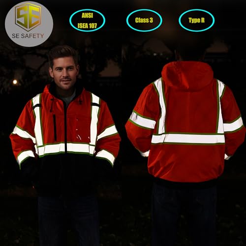 Image of sesafety Reflective Jacket for Men, High Visibility Jackets, Safety Jackets for Men, Hi Vis Construction Bomber Jackets Waterproof with Pockets and Zipper, Black Bottom, Class 3