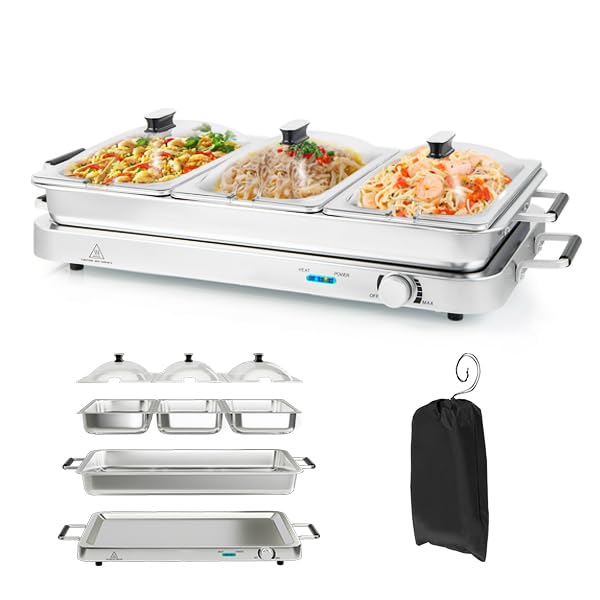 ARLIME Food Warmer Buffet Server, 450W Stainless Steel Electric Warming Tray, Adjustable Temperature, Transparent Lids w/Spoon Slot, 8 Quart Chafing Dish Set for Parties, Banquets, Catering Events
