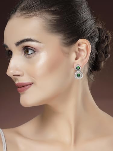 Image of Karatcart Silver Tone Green American Diamond Drop Earrings for Women