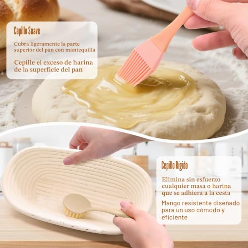 Miniatura 5 de Mispudin Banetones Para Pan Ovalado 28cm Para 700g Masa, Set Cesta Pan Hecho Mano Ratán Con Lino, Tapas, Raspador, Cuchillo Lame, Cesta De Fermentación De Iniciación Perfecto