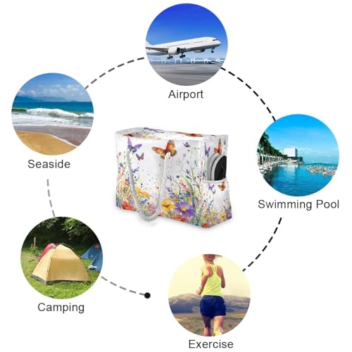 Wildflowers Butterflies Beach Bag & Travel Tote Bag Large Sandproof with Zipper Closure, Wet Pouch for Swim Gym Travel, Lightweight Foldable Outdoor Bag4
