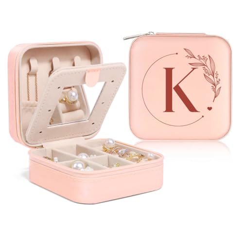 SANDJEST Personalized Jewelry Box, Pink Small Travel Jewelry Box with Initial K, Monogrammed Jewelry Case Organizer for Girls Women Teen, Mini Travel Essentials Gifts for Christmas Birthday