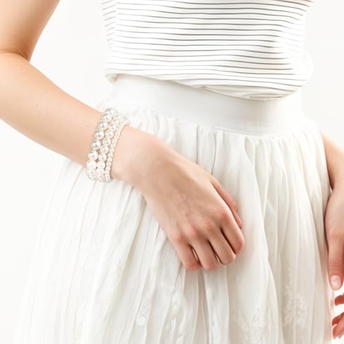 6 PCS White Pearl Bracelets, Elastic Faux Pearl Bracelet Stretch, Stackable Fake Pearls Bead Bracelets Bridesmaid for Women Daily Wear Bridal Wedding Party Gift (10/8/6/5 mm Pearl)3