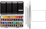 Sennelier Boîte de Peinture Aquarelle Extra Fines,48 demi godets Boîte en métal(36 +12) avec 2 pinceaux + 2 cartes postales et estompe EMI CRAFT