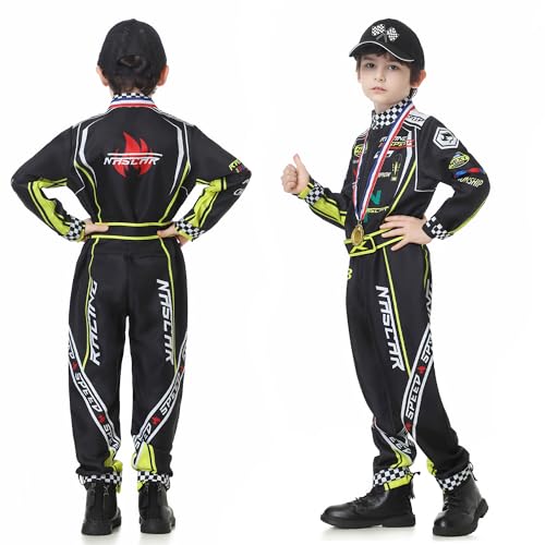KUKIKUKI Race Car Driver Costume Boys Racer Jumpsuit With Car Cap Kids Dress Up for Halloween (Black, 120) - Image 2