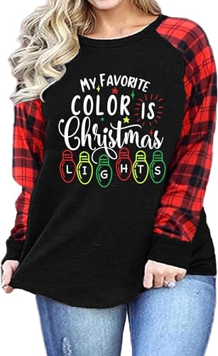 Plus Size Christmas Shirts Women My Favorite Color is Christmas Lights Shirt Plaid Raglan Long Sleeve Tops