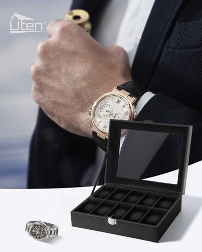 Image of Uten Watch Box 10 Slots, Watch Box for Men, Watch Display Case, Watch Storage Box with Removable Cushion, Metal Clasp, PU Leather, Black
