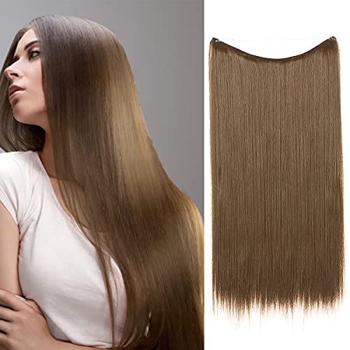 Hair Extensions Medium Brown Straight Synthetic Halo Hairpieces Long 22 Inch 4.2 Oz Secret Wire Headband for Women Heat Resistant Fiber No Clip SARLA(M02&8#)