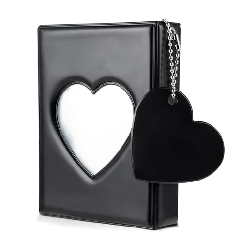 DOPENSPI Mini Photocard Binder 3 Inch Album Heart Hollow Card Binders Photocard Holder Book Photo Album with 32 Pockets Heart Pendant (Black)