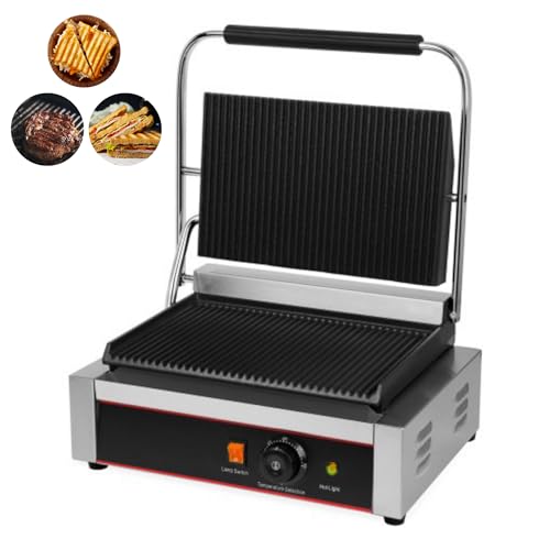 Grill Électrique de Contact Professionnel - Panini et Grill Viandes - Plaques Rainurées 230x340 mm - Température 0-300°C - Bac de Récupération - 2200W -...