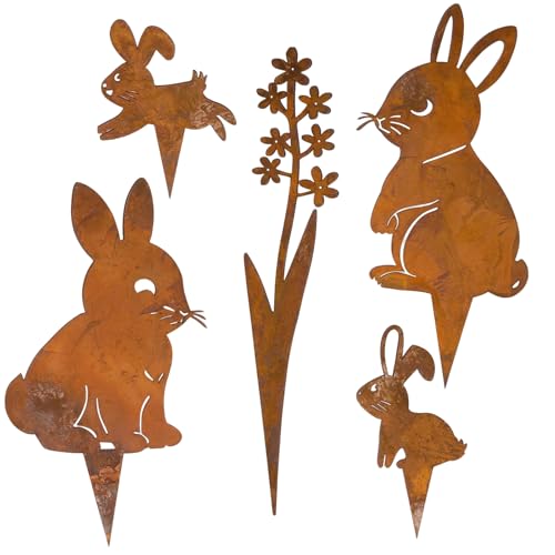 QijAOPD 5er Set Gartenstecker Rost, Osterdeko Outdoor Hasen & Blume, Osterdekoration Metall Figuren, Edelrost Ostern Deko für Blumentopf, Beet und Rasen, Patina Vintage Landhausstil