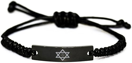 Hebrew Jewish Prayer Bracelet, Am Yisrael Chai Star of David, Israeli Jewish Jewelry Gifts for Jewish Prayer, Black Stainless Steel Braided Rope
