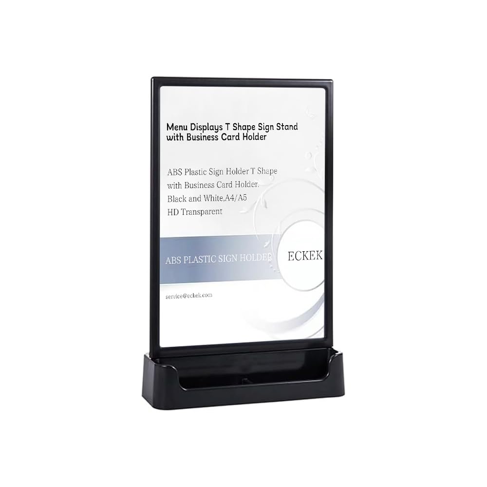 Eckek White Abs Plastic Sign Holder, Menu Displays T Shape Sign Stand With Business Card Holder, Plastic Display Stand For Ads, Menu, Photos, Business Card (Black A4 210×297Mm/8.27×11.69 Inches)