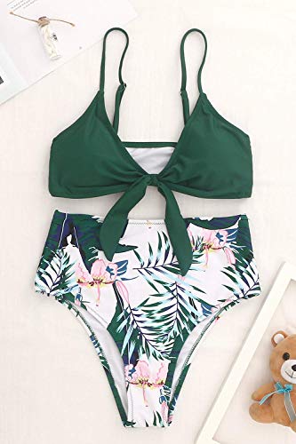 XUNYU Conjunto de biquíni com 2 peças, cintura alta, top estilo push up com nó, Green Printing, L