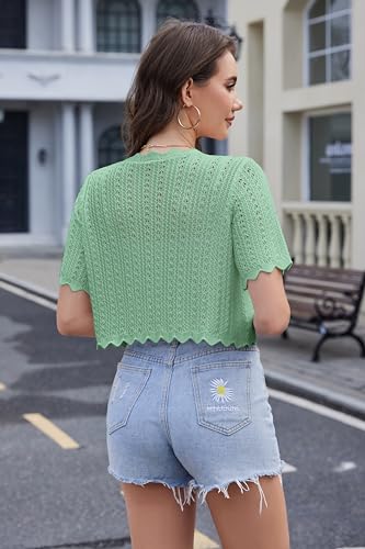 Image of Womens Lightweight Short Sleeve Cardigan Trendy Knit Hollowed-Out Y2k Cropped Tie-Front Shrugs for Dresses Pants Shorts