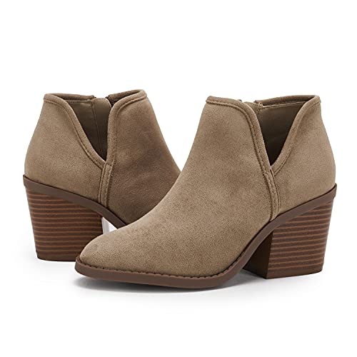 PiePieBuy Womens Ankle Boots Chunky Stacked Heel Slip on Shoes Faux Suede Side Zipper Casual Western Booties