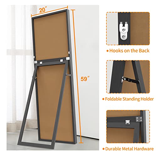 Image of NeuType 59 inchx20 inch Full Length Floor Mirror with Standing Holder - Wall-Mounted Body Mirror for Bedroom, Dressing - Standing, Hanging or Leaning Against Wall - Black MDF Frame