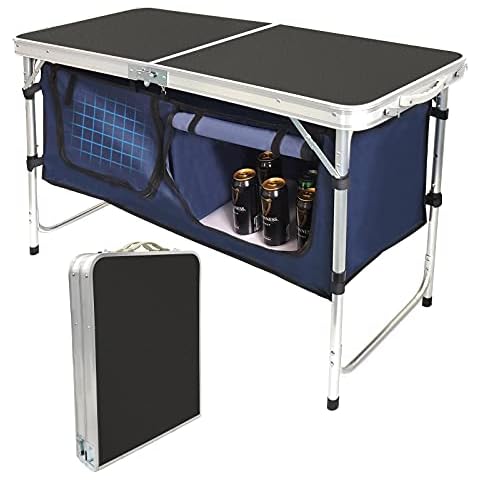 HYMnature Folding Camping Table with Storage Compartment Aluminum Lightweight Camp Kitchen Table Height Adjustable Indoor/Outdoor Table Perfect for Tailgating, Backyards, BBQ,Picnic, Black Cover