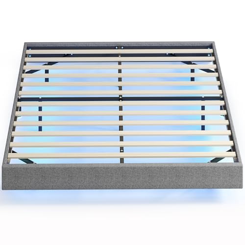 HOMCOM Somier Flotante 160x200 cm con Luces LED, Estructura de Cama, Tapizado en Lino, Láminas de Madera, Silencioso, Fácil de Montar, Gris