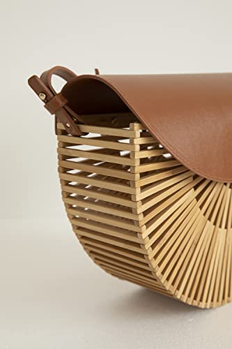 Image of Handwoven Bamboo Bag Summer Straw Purse Crossbody Bags for Women Natural Handmade Beach Bamboo Purse with Leather Strap