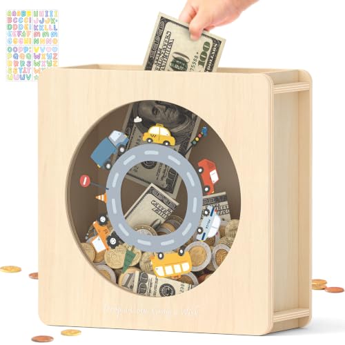 Image of Summidate Wooden Money Saving Box, Clear Window Cash Vault Savings Box with DIY Stickers, Personalized Car Piggy Bank for Kids & Adults, Birthday /Baby Shower /Wedding Gift