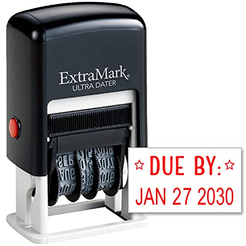 ExtraMark Ultra Dater Self-Inking Rubber Date Office Stamp with Due by: Phrase & Date - Style 2, Red Ink, 12-Year Band
