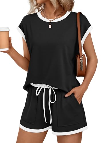 Image of AUTOMET Womens Crew Neck Two Piece Short Sets Cap Sleeve Drawstring Summer Sweatsuit with Pocket