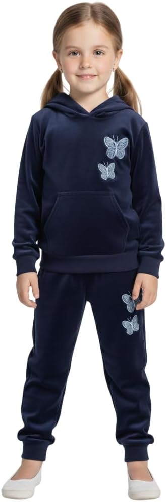 Girls Hoodie & Track Pant Set | Kids Winter Wear Co-Ord Outfit with Butterfly Print | Casual Tracksuit for Girls (IN, Age, 1 Year, 2 Years, Navy Blue)