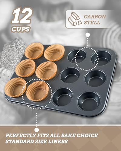 Bake Choice Muffin Top Pan includes 100 Natural Cupcake Liners, Cupcake Pans Nonstick 12 Cup, Muffin Tin, Carbon Steel Baking Supplies