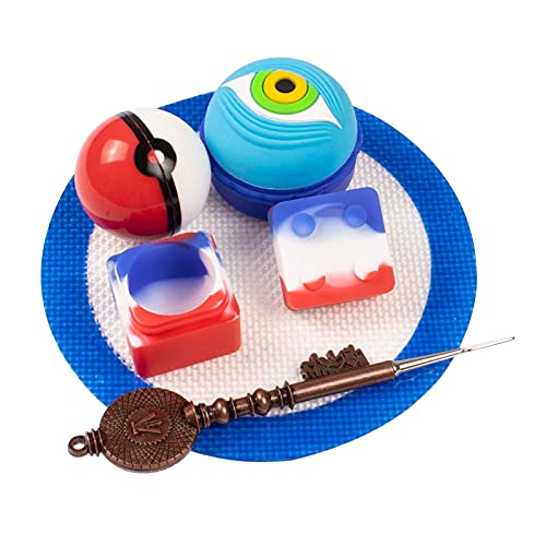 Silicon Wax containers Kit-Food Grade Silicone-Silicone Wax mat-6ml Elf Ball/9ml Cube/ 10ml Eyes Multi-Compartment Silicone Container and Jade Key Wax Carving Tool