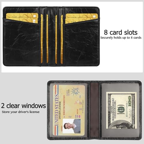 Slim Minimalist Wallet - Premium Leather Card Holder RFID Blocking Card Case with 8 Card Slots and 2 ID Window, Crackle Black3