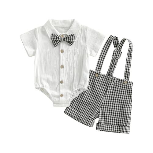 Image of QUNERY Newborn Baby Boy Gentleman Clothes Plaid Bow Tie Tops Suspender Shorts Sets Infant Boy Summer Clothes Black 12-18 months