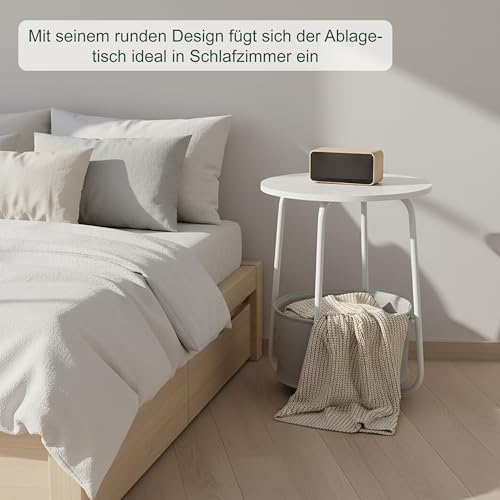 Relaxdays Beistelltisch, runder Couchtisch, mit Stoffkorb, HD: 50x40 cm, Kaffeetisch Wohnzimmer, MDF & Metall, weiß/grau – Bild 4