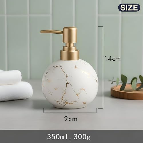Image of Luxury Ceramic Soap Dispenser (Luxe White) - 350ml Round Modern Refillable Lotion Shampoo Handwash Bottle Matte White with Gold Marbling Premium Countertop Accessory for Bathroom, Kitchen & Wash Basin