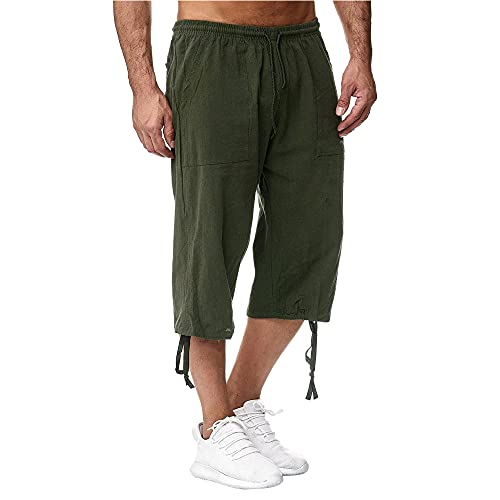 Image of Mens Linen Shorts 3/4 Length Pants Summer Trousers Beach Yoga Joggers Casual Sweatpants Green XL