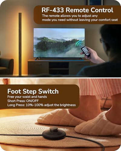 EDISHINE Wooden LED Corner Floor Lamp, Modern Standing Light with Remote, Minimalist Dimmable Floor Lamps for Living Room, Bedroom, Office, 7 Color Temperature 2700~6000K, 48.43"