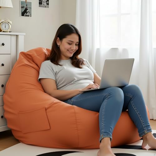 Image of 4XL Leatherette Bean Bag Chair with Footrest & Cushion with Beans Filled (Ready to Use) Color- (Orange, Bean Bag Only)