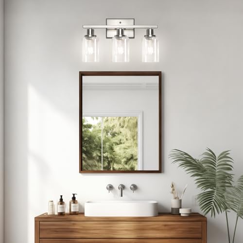 Image of Ascher Bathroom Light Fixtures, 3 Light Vanity Light with LED Bulbs Included, Brushed Nickel Wall Sconces with Clear Glass Shades for Mirror, Kitchen, Living Room, Hallway, Cabinet