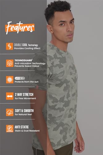 Image of TECHNOSPORT Men Polyester Regular Fit Half Sleeve Jacquard T-Shirt with Double Cool, Quick Dry & Anti Microbial for Sports, Running & Casual Use