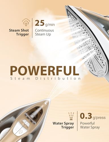Image of Sundu Steam Iron for Clothes with Rapid Heating Ceramic Coated Soleplate, 1500W, Auto-Off Safety, Burst of Steam, Self-Clean, Anti-Calc, Anti-Drip 300ml Water Tank for Clothes Ironing Buff