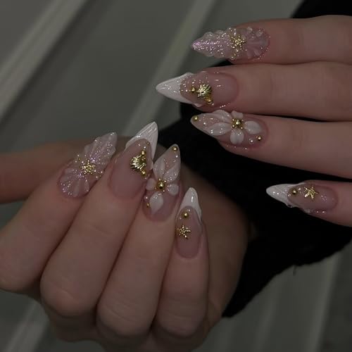 Spring Summer Press On Nails Medium Almond Fake Nails French Fals...