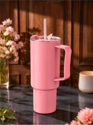 Image of Plastic Tumbler with Handle, Lid & Reusable Straw | 40 oz Large Capacity Travel Cup | Leak-Resistant Quarter Turn Lid | Reusable Drinking Tumbler for Water, Coffee, Juice & Cold Beverages, Pink